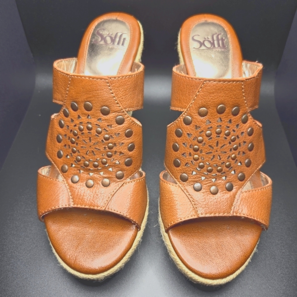Söfft Leather Studded Cutout Espadrille Wedge Mule Sandals 6.5M Cognac